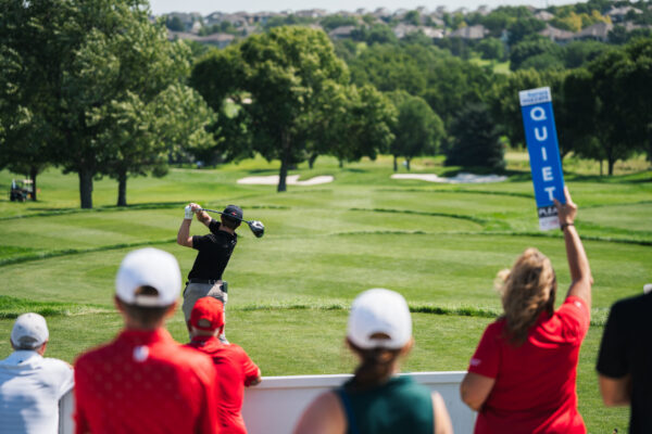 Blades Brown tees off during the Pinnacle Bank Championship